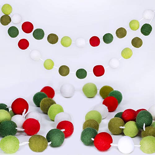 Product Cover Supla 50 Pcs 8.2' Long Christmas Felt Balls Pom Pom Garland Holiday Felt Ball Garland Strand Red White Green Wool Ball Garland for Christmas Tree Mantel Wall Baby Room Nursery Party Vintage Décor