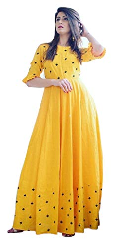 Product Cover Drashti villa Women's Yellow Color Long Embroidered Rayon Gown Kurti Free Size