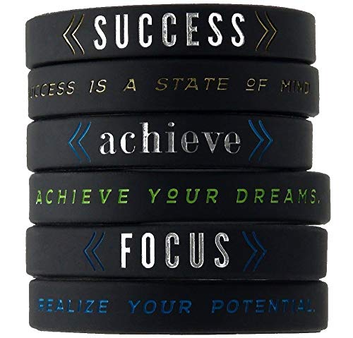 Product Cover Motivational Silicone Wristband Bracelets for Men Women Teens with Inspirational messages - SUCCESS / ACHIEVE / FOCUS - Unisex Size 6-Pack