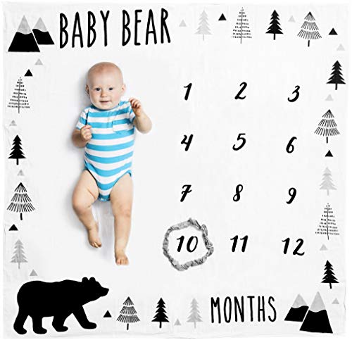 Product Cover Organic Baby Monthly Milestone Blanket (Baby Bear) with Month Frame Prop for Newborn Boy | 1 to 12 Months | Soft Photography Background | Baby Shower Gift