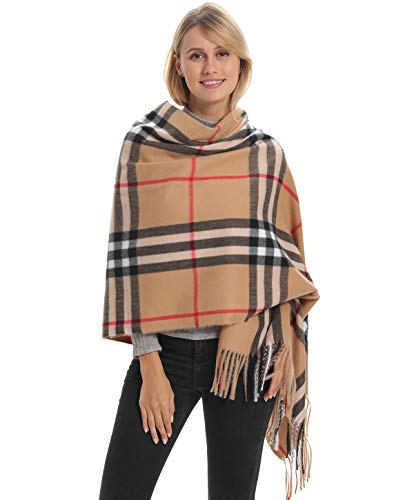 Product Cover Women Plaid Blanket Scarf for Winter Fall, Beige Camel Check Oversized, Beige Ca