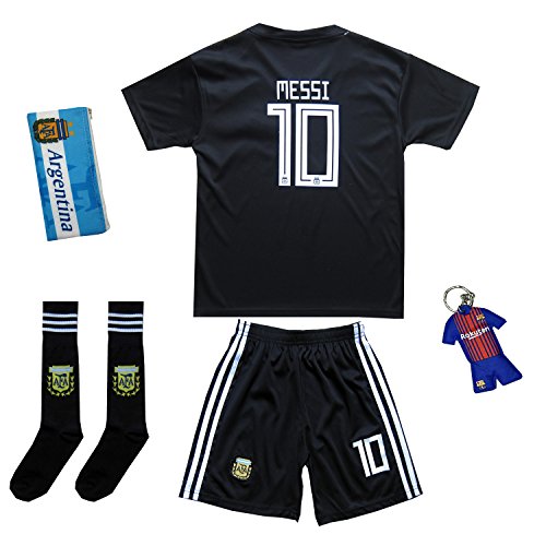 Product Cover KID BOX 2018 Argentina Lionel Messi #10 Away Soccer Kids Jersey & Short Set Youth Sizes (Black, 7-8 Years)
