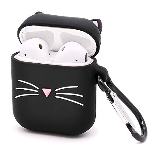 Product Cover Megantree Cute Airpods Case, Airpods 2 Case, 3D Cartoon Funny Kavaii Animals Black Whisker Lucky Cat Kitty Case, Shockproof Full Protection Soft Silicone Charging Case Cover Skin with Keychain for Air