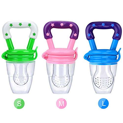 Product Cover Baby Fruit Food Feeder 3Pack Silicone Nipple Fresh Pouches Teething Toy Aching Gums Pacifier Reusable Green Pink Blue(S,M,L)