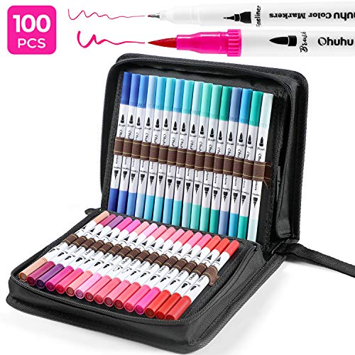 Product Cover 100 Colors Art Markers Set, Ohuhu Dual Tips Coloring Brush Fineliner Color Marker Pens, Water Based Marker for Calligraphy Drawing Sketching Coloring Bullet Journal Valentine's Day Back To School Gift