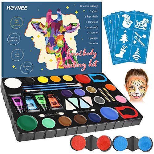 Product Cover Face Paint Kit for Kids and Adults with 16 Vibrant Colors, 4 UV Fluorescent Dyes, 2 Loose Glitter Shades, 4 Blending Sponges, 2 Applicators, 3 Brushes for Parties and Cosplay Costumes