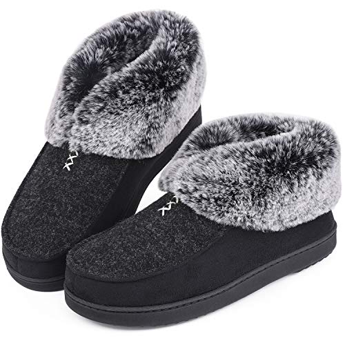 Product Cover Women's Cozy Memory Foam Slippers Fluffy Wool Like Faux Fur Fleece Lined House Shoes with Non Skid Indoor Outdoor Sole (11 B(M) US, Deep Black)
