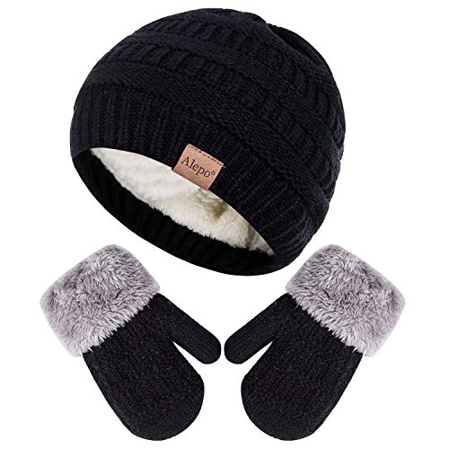 Product Cover Winter Mittens Gloves Beanie Hat Set for Kids Baby Toddler Children, Knit Thick Warm Fleece Lined Thermal Set for Boy Girl (Black)