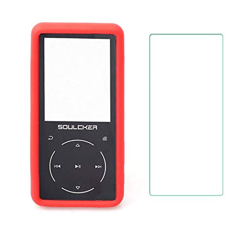 Product Cover Esimen Premium Silicone Case for Soulcker MP3 Player Tempered Glass Screen Film Screen Protector Cover Travel Carry Pouch Sleeve (Red)