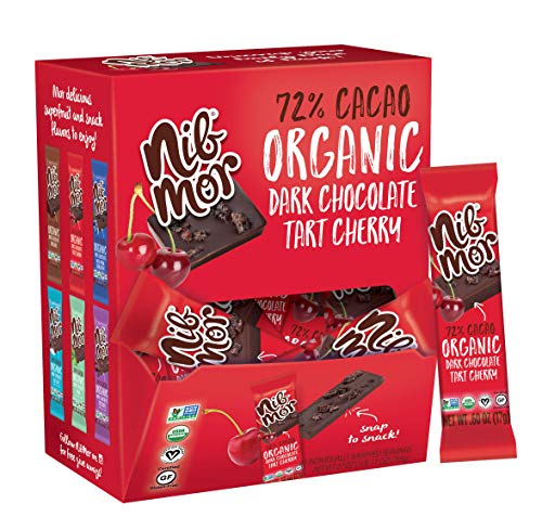 Product Cover Nib Mor Organic Dark Chocolate, Gluten Free Vegan Snacks - Daily Dose Snacking Bites - Individually Wrapped Chocolates with 72% Cacao - Tart Cherry - .60 Ounce (45 Count)