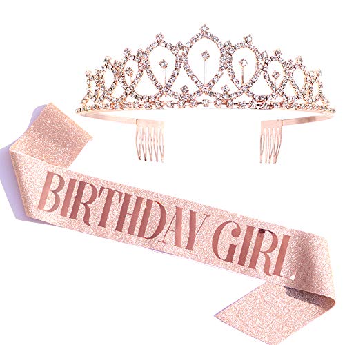 Product Cover Birthday Girl Sash & Rhinestone Tiara Kit - Rose Gold Birthday Gifts Glitter Birthday Sash Birthday Party Favors
