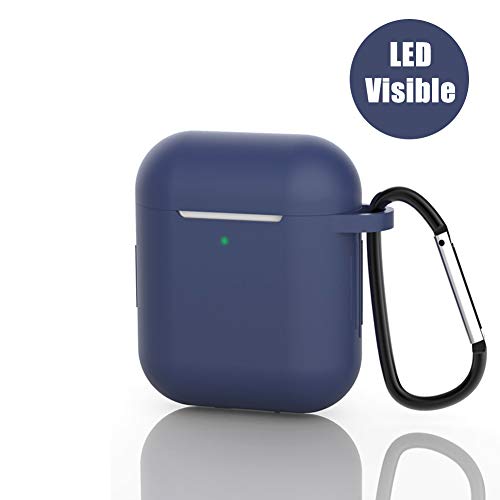 Product Cover AirPods Case, Silicone Protective Cover Compatible with Apple AirPods 1/2 Shock Resistant Waterproof AirPods Cover with Carabiner Anti-lost Strap Anti-Dust Plug Front LED indicator Visible (Dark Blue)