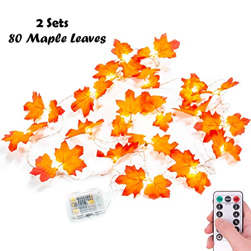 Product Cover Thanksgiving Decorations LED String Lights - Lighted Fall Garland 2 Sets 10ft 20 LEDs 40 Maple Leaves Waterproof Battery Operated Wire Lights with Remote Control Timer for Table Decor/Christmas/Home