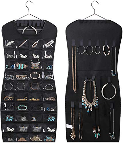 Product Cover MISSLO Dual Sided Hanging Jewelry Organizer with 40 Pockets and 24 Hook & Loops Closet Necklace Holder for Earring Bracelet Ring Chain with Hanger, Black