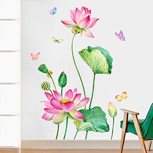 Product Cover LLYDD Lotus Flower Floral Wall Sticker Decal Art Decor Peel and Stick Self - Adhesive for Living Room Bedroom Kitchen Playroom Nursery Room Delightful Cheerful Realistic Vibrant Greenish Bright Color