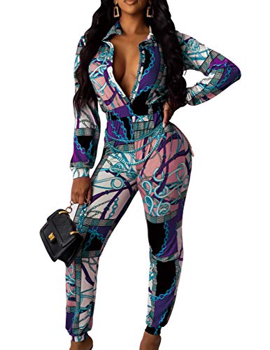 Product Cover Women's Jumpsuits Sexy Floral Print Turn Down Collar Long Sleeve Beam Foot Romper