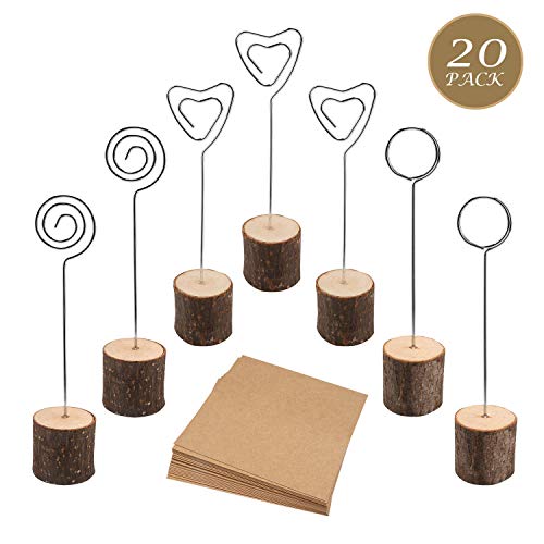 Product Cover MUSCCCM Rustic Wood Place Card Holder, Photo Picture Note Clips with Swirl Wire Wooden Table Number Stands & 25 pcs Kraft Place Cards Bulk ，Best Choice for Wedding Home Party Table Number Name Label