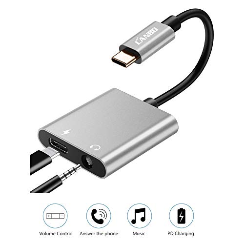 Product Cover USB C to 3.5mm Headphone Adapter with Fast Charging,LANBO 2 in 1 Type C to AUX Audio Jack,Support Volume Control, Compatible with 2018 Ipad Pro, Note 10+/Pixel 2XL/3/3XL,HTC and More USB C Devices