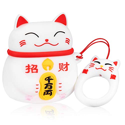 Product Cover Twinkler White Lucky Cat Compatible with Airpods 1/2 Case Silicone, Cute Cartoon 3D Animal Air pods Design Cover, Fun Kawaii Fashion Funny Cases for Kids Girls Teens Character Skin Keychain Airpod