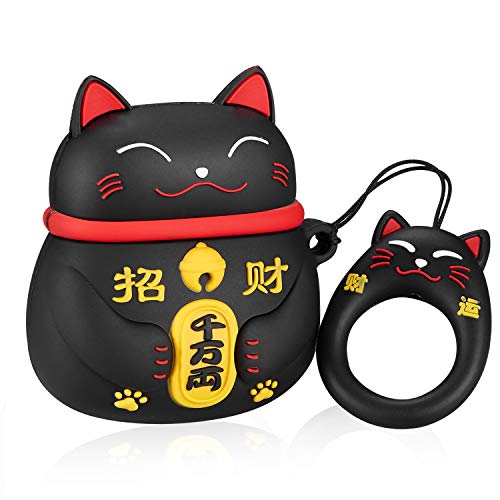 Product Cover Twinkler Black Lucky Cat Compatible with Airpods 1/2 Case Silicone, Cute Cartoon 3D Animal Air pods Design Cover, Fun Kawaii Fashion Funny Cases for Kids Girls Teens Character Skin Keychain Airpod