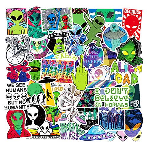 Product Cover Water Bottle Alien Stickers Laptop Stickers UFO Stickers Pack 50 Pcs Decals for Water Bottle Laptops Ipad Cars Luggages