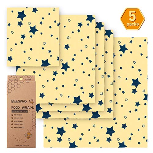 Product Cover Beeswax Wrap Assorted 5 Packs, Eco Friendly Reusable Food Wraps, Biodegradable, Sustainable Plastic Free Food Storage (Yellow star)