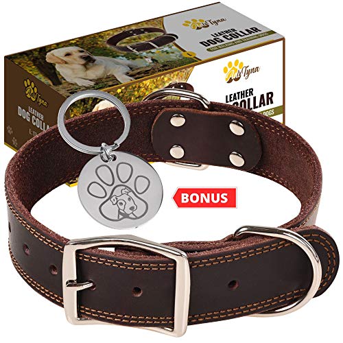 Product Cover Leather Dog Collar for Small, Medium and Large Dogs - Heavy Duty Wide Dog Collars with Durable Metal Hardware & Double D-Ring - Unique Name Tag Included (L: 1,5