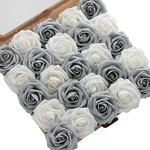 Product Cover DerBlue 60pcs Artificial Roses Flowers Real Looking Fake Roses Artificial Foam Roses Decoration DIY for Wedding Bouquets Centerpieces,Arrangements Party Home Decorations (Shimmer Silver&Grey)