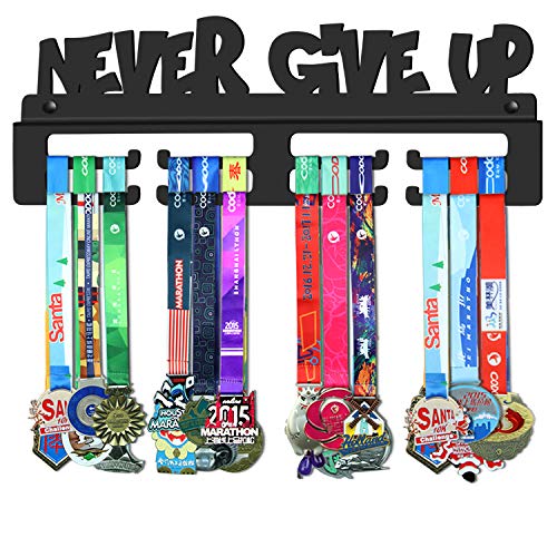 Product Cover GENOVESE Never Give Up Medal Holder Display Hanger Rack Frame,Super Sturdy Black Steel Metal, Wall Mounted Over 30 Sports Medals