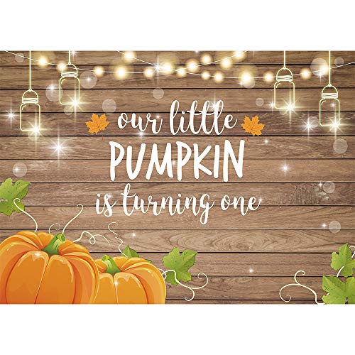 Product Cover Allenjoy Pumpkin Rustic Wood Backdrop Happy 1st First Birthday Autumn Our Little Pumpkin Boy Girl is Turning One Party Decorations Fall Maple Leaf Table Banner 7x5ft Background Photo Booth Props