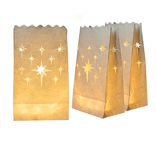 Product Cover Homemory 50 PCS White Luminary Bags, Flame Resistant Candle Bags, Stars Design Luminaries for Wedding, Party, Halloween, Thanksgiving, Christmas