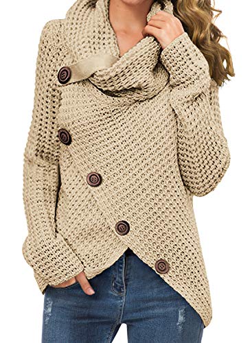 Product Cover GRECERELLE Women's Casual Turtle Cowl Neck Asymmetric Hem Wrap Pullover Chunky Button Knit Sweater