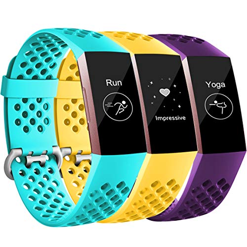 Product Cover Maledan Bands Compatible with Fitbit Charge 3 and Charge 3 SE, Breathable Sport Replacement Band with Air Holes for Women Men, 3 Pack Teal/Sunshine/Plum, Small