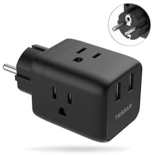Product Cover France Germany Power Plug Adapter, TESSAN Schuko Travel Adaptor with 2 USB Phone Charger 3 American Outlets, US to Europe Korea Russia Spain Iceland Wall Adapter (Type E/F)