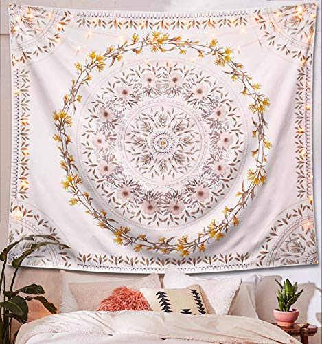 Product Cover Lifeel White Bohemian Tapestry Wall Hanging, Mandala Floral Medallion Hippie Tapestry with Light Brown Aesthetic Wreath Design, Cream Wall Decor Blanket for Bedroom Home Dorm, Small 50×60 inches