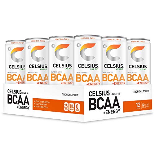 Product Cover CELSIUS BCAA +Energy Sparkling Post-Workout Recovery & Hydration Drink, Tropical Twist, 12 oz. Slim Can, 12 Pack