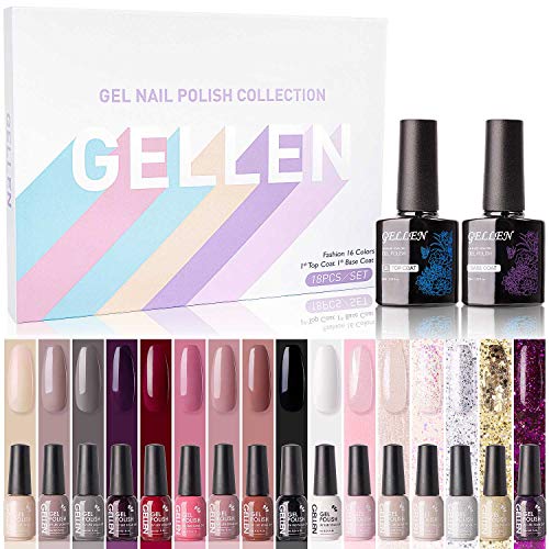 Product Cover Gellen Gel Nail Polish Kit 16 Colors With Top Base Coat - Popular Autumn Winter Gel Colors Collection, Elegance Pure Shimmer Glitters UV Nail Gel Colors Manicure Set