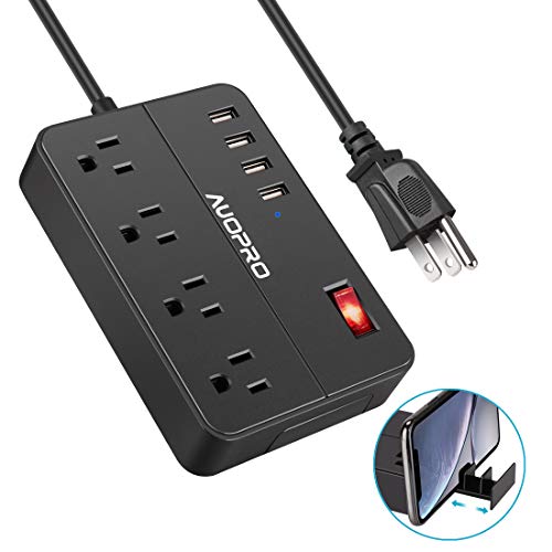 Product Cover Power Strip with USB, AUOPRO 4 Outlets Surge Protector with 4 USB Ports(5V/4.1A) and Phone Stand, 1250W/10A Desktop Charging Station 5ft Extension Cord for Home/Office/Dorm Room/Hotel/Travel (Black)