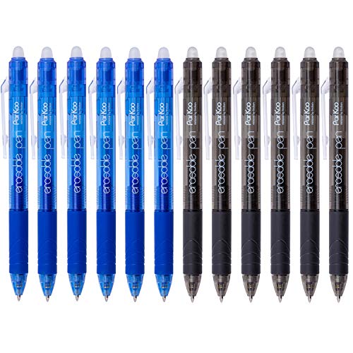 Product Cover ParKoo Retractable Erasable Gel Pens Clicker Extra Fine Point 0.5 mm, No Need for White Out, 6 Black/6 Blue Ink for Completing Sudoku and Crossword Puzzles