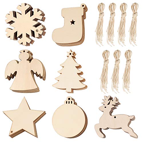 Product Cover VIPITH 70 Pieces Christams Wood Ornaments, Snowflakes, Christmas Stocking, Angel, Christmas Tree, Deer, Star, Round Disc, Unfinished Wood Ornaments for Embellishments, Crafts, Wedding, Christams