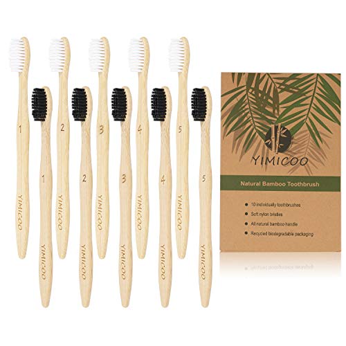 Product Cover Charcoal Bamboo Toothbrush, YIMICOO Biodegradable Natural Organic Toothbrushes Eco-Friendly Soft BPA Bristles (Packs of 10, Black and White Bristles)
