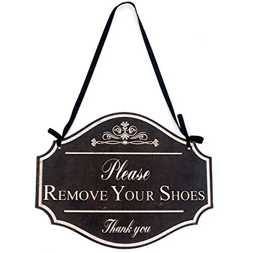 Product Cover Funly mee Vintage Distressed Black Metal Please Remove Your Shoes Wall Decorative Sign-Take Your Shoes Off Sign for Door -12.2×9.5(in)