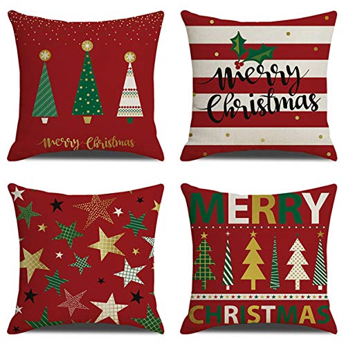 Product Cover XIECCX Throw Pillow Covers Decorative Pillowcases Christmas Halloween Thanksgiving Theme 4 Pack - Soft Linen Cotton Design Cushion Cover for Sofa,Bedroom,Chair,Car Seat,Farmhouse 18 x 18