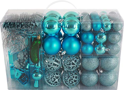 Product Cover BRUBAKER 102 Pack Assorted Christmas Ball Ornaments - Shatterproof - with Green Pickle and Tree Topper - Designed in Germany - Turquoise