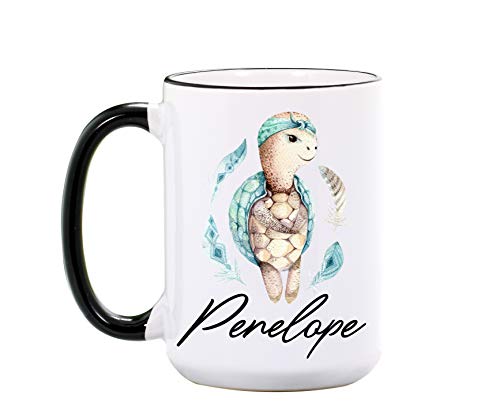 Product Cover Turtle Mug by Wimly - Personalized Black and White 15 oz or 11 oz Large Ceramic Mugs - Sea Turtle Gifts - Sea Animal Cup - Sea Turtle Coffee Mugs - Dishwasher & Microwave Safe - Made in USA