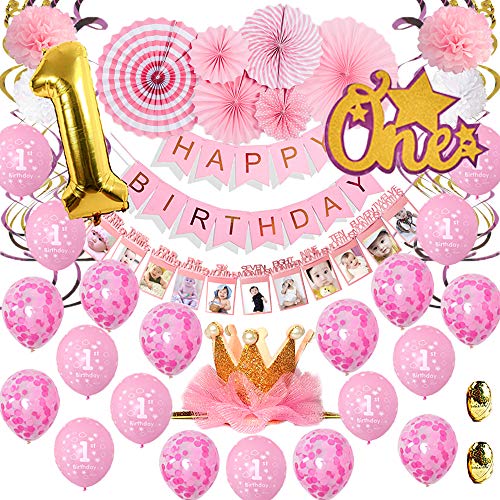 Product Cover Baby Girl 1st Birthday Decoration Kit with Crown, 72PCS Baby Pink Birthday Party Supplies, Baby Photo Banner Latex Balloons Cake Topper Paper Decor and Hangings