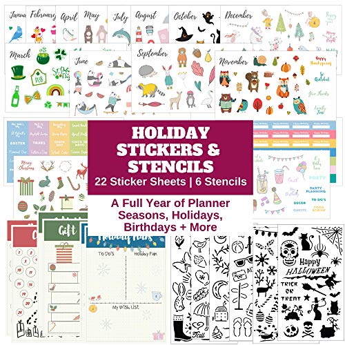 Product Cover Seasons & Holidays Planner Stickers - 22 Sheets Cute Planner Stickers for Bullet Journals with 6 Bonus Stencils - Christmas, Fall, Easter, Halloween, Valentines, St Patricks, Birthdays by Sunny Streak