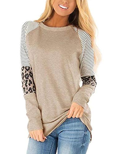 Product Cover sullcom Women Casual T Shirts Leopard Print Patchwork Tops Loose Crewneck Long Sleeve Raglan Pullovers Shirts Tops