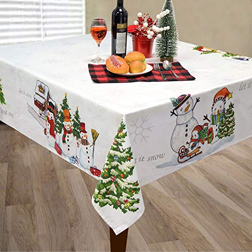 Product Cover OurWarm Christmas Tablecloth Snowman Snowflake Printed Table Cloths, Waterproof White Rectangular Table Cover Cloth for Winter Home Christmas Table Decorations, 60 x 84 Inch
