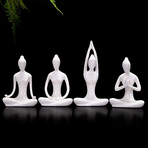 Product Cover OwMell Lot of 4 Meditation Yoga Pose Statue Figurine Ceramic Yoga Figure Set Decor (White Set)